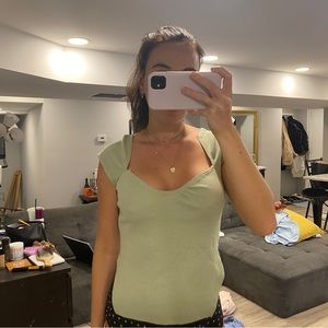 Rib asymmetric hem short sleeve Milkmaid top - color Sage